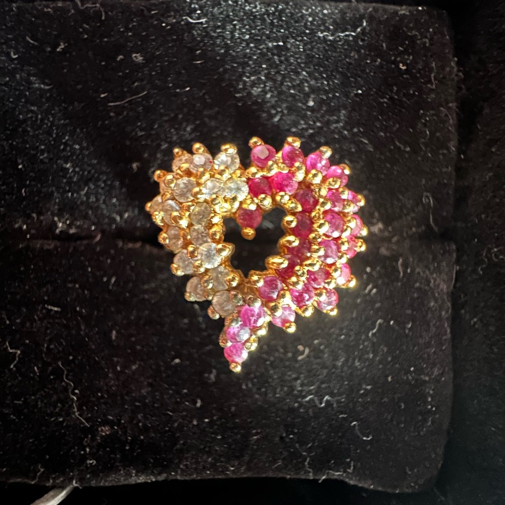 18k yellow gold plated heart ring with ruby and CZ